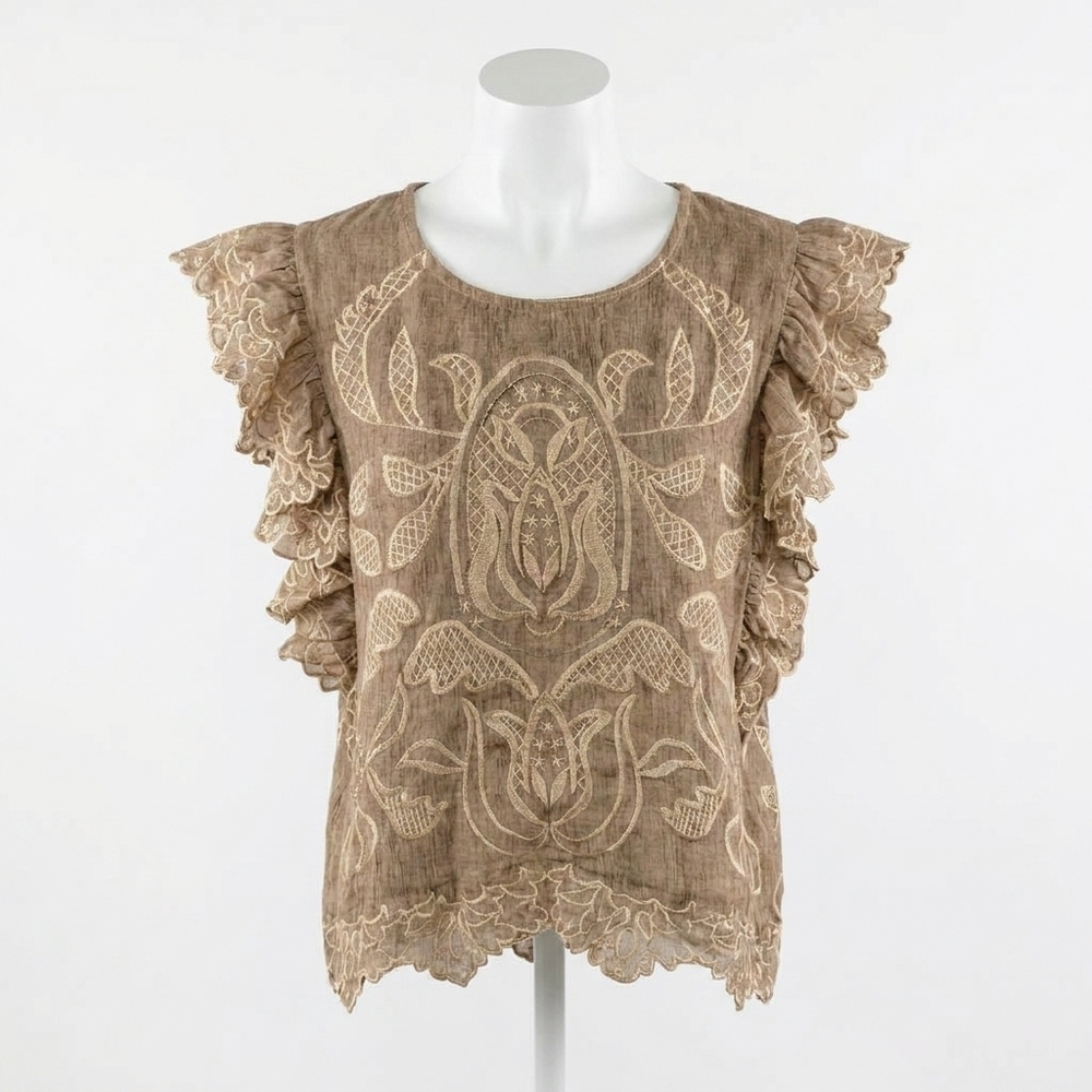 NEW THML flutter sleeve embroidery detail top in tan